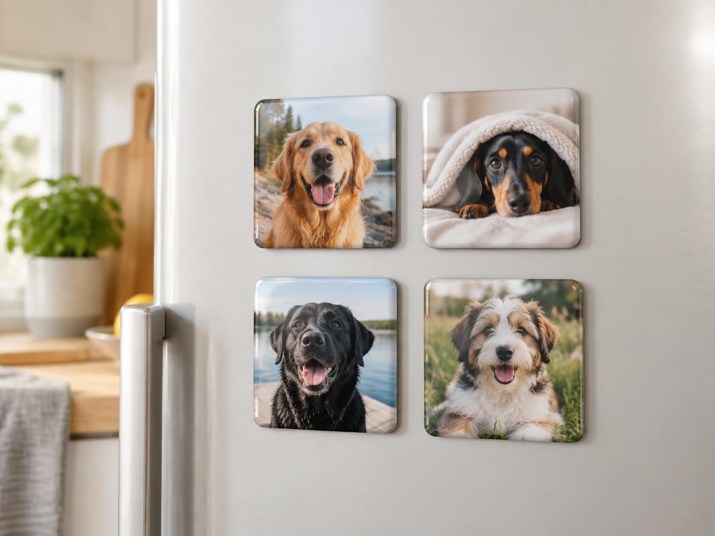 Fyra färdiga fotomagneter med olika hundbilder på ett kylskåp