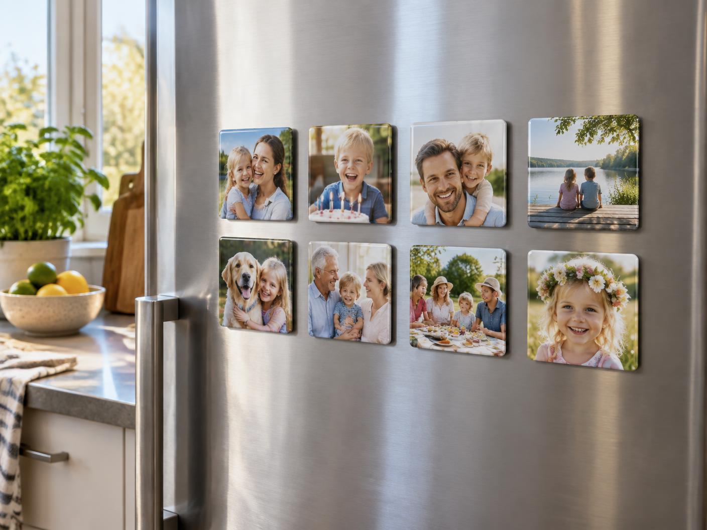 Familjens fotografier som färdiga magneter på ett kylskåp