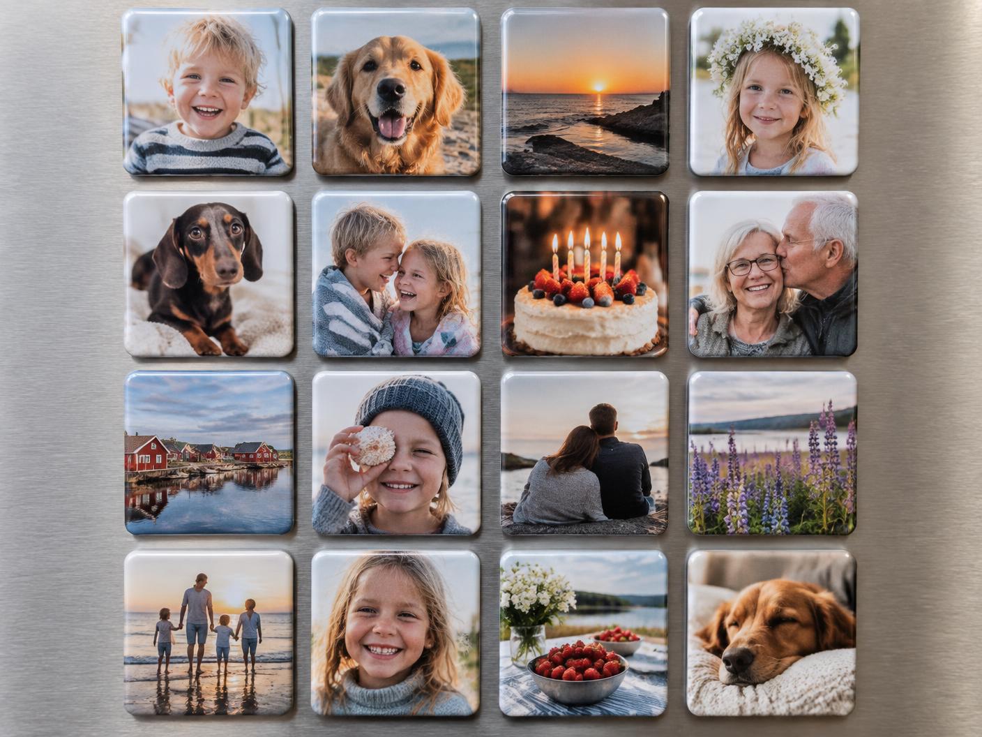 Sexton färdiga fotomagneter med familj, hundar och vardagsminnen